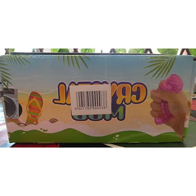Multi-coloured slime in a transparent plastic container with a cat-shaped cap.