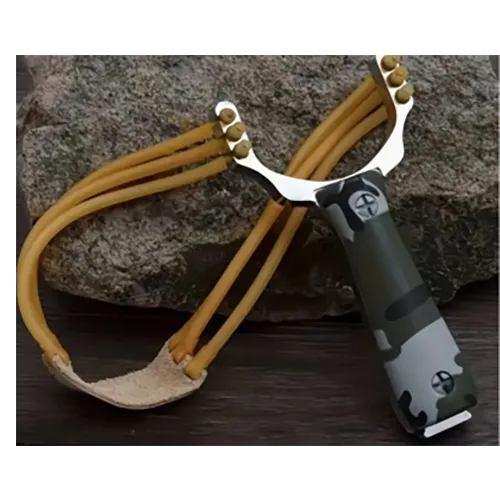 Slingshot made of stainless steel. It consists of a Y-shaped frame with three rubber bands connected to the upper struts of the  Y-frame. It has a pad in the middle of the rubber bands for placing a projectile. The handle of the slingshot is made of a plastic and is connected to the Y-frame.