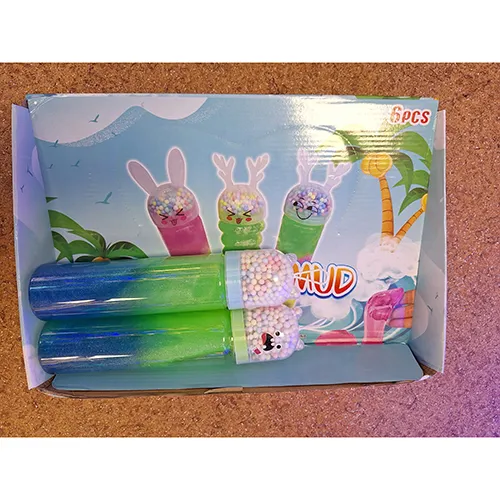 Blue-green toy slime with glitter. Comes together with small colourful balls, in a separate compartment.