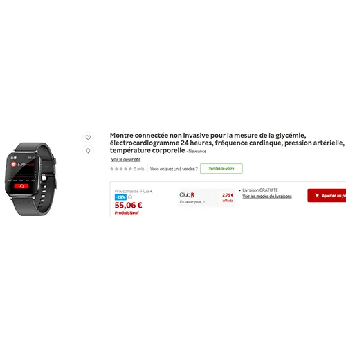 Non-invasive smart watch, intended to measure blood sugar, ECG data over 24 hours, heart rate, blood pressure, and body temperature. Product sold online, in particular via Raktuen France.