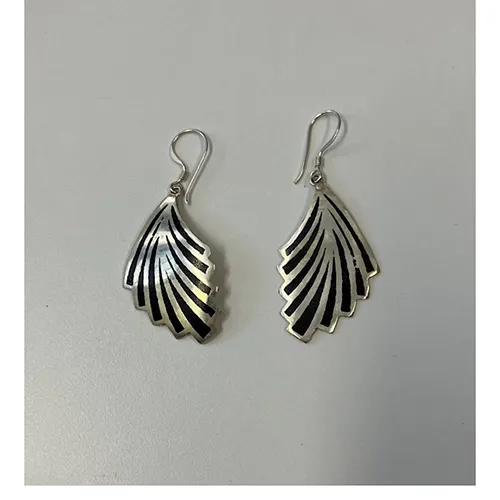 Silver and black coloured hanging earrings.