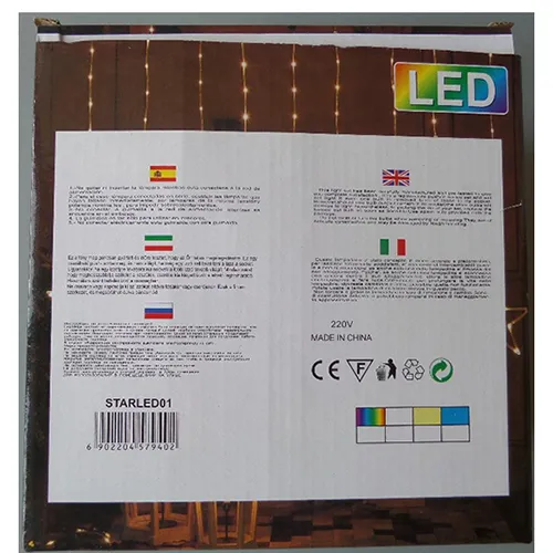 Lighting chain for indoor use with 140 non-replaceable LEDs in the shape of stars.
