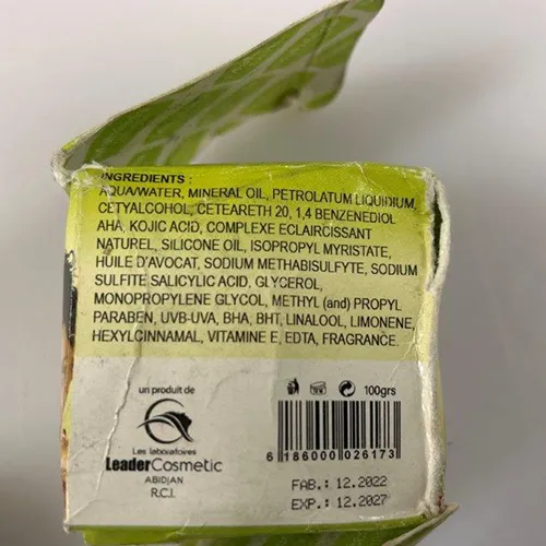 Skin lightening cream, 100 g. Product is sold online, in particular via Facebook Marketplace.