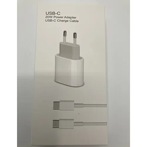 White 20W power adaptor with USB-C charging cable.
