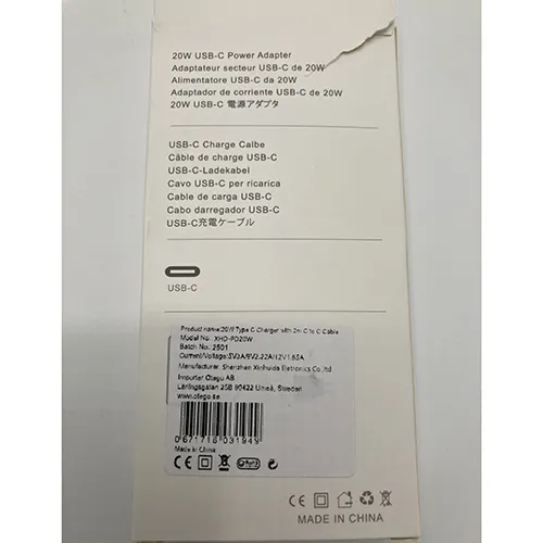 White 20W power adaptor with USB-C charging cable.