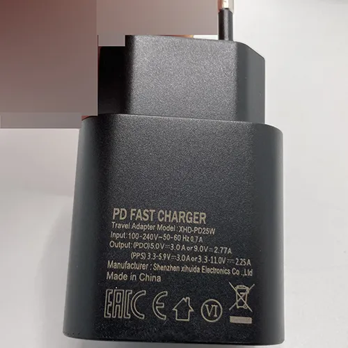 Black 25W charger with USB-C cable.