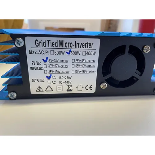 Solar inverter for converting direct current (DC) from a photovoltaic system to alternating current (AC) to be fed into the mains network. Input voltages from 16 to 28 Volts DC and an output voltage of 180 to 260 Volts. Product sold online, in particular via Amazon (ASIN: B0C9MPG46J).
