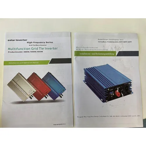 Solar inverter for converting direct current (DC) from a photovoltaic system to alternating current (AC) to be fed into the mains network. Input voltages from 16 to 28 Volts DC and an output voltage of 180 to 260 Volts. Product sold online, in particular via Amazon (ASIN: B0C9MPG46J).