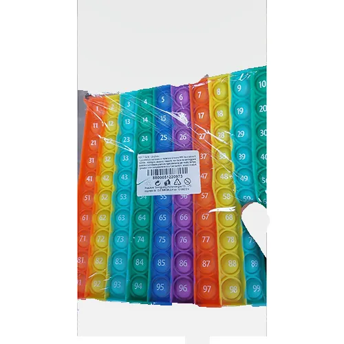 Pop-It fidget toy, made of soft plastic in different colours, with the numbers 1 to 100 on them. Supplied with a hard black plastic hook.
