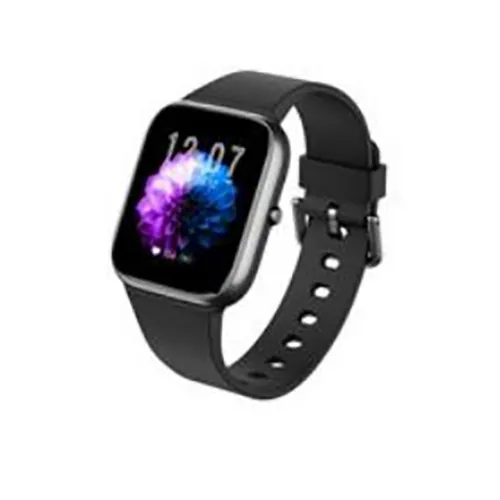 Black smart watch claiming to monitor blood sugar levels in a non-invasive way. Product sold online, in particular via Fnac.