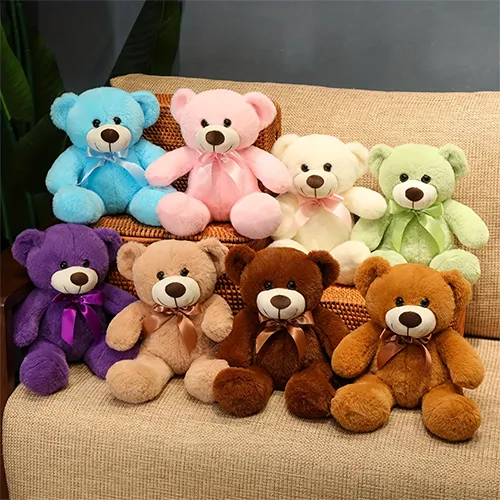 Soft toy, in the shape of a polyester teddy bear with a bow tie, in several colours. All batches are concerned. Product sold online, in particular via Temu (Unique product identifier: 601099546642677).