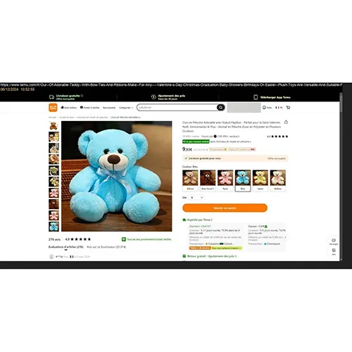 Soft toy, in the shape of a polyester teddy bear with a bow tie, in several colours. All batches are concerned. Product sold online, in particular via Temu (Unique product identifier: 601099546642677).