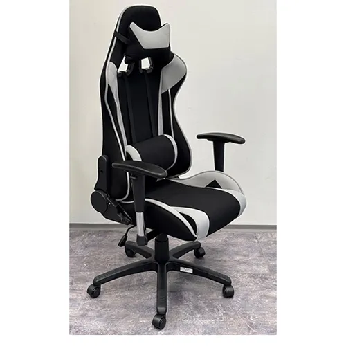 Black and grey office chair with adjustable armrests and a textile seat. The chair frame is made of black plastic combined with chrome accessories. Product sold online, in particular via mojnabytok.sk.