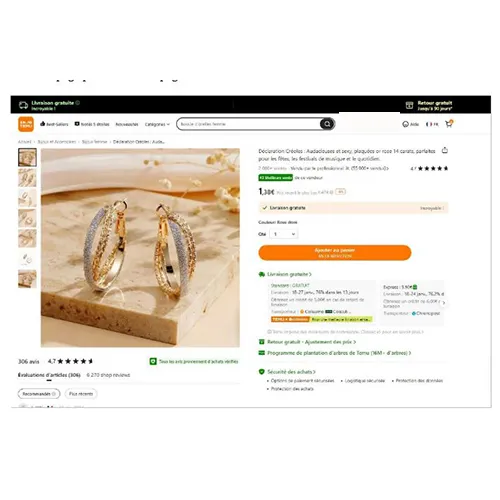 Pair of crossed hoop earrings made of gold-coloured metal with a non-metallic strip of glitter glued to one ring. All batches are concerned. Product sold online, in particular via TEMU (unique product identifier: 601099582004796).
