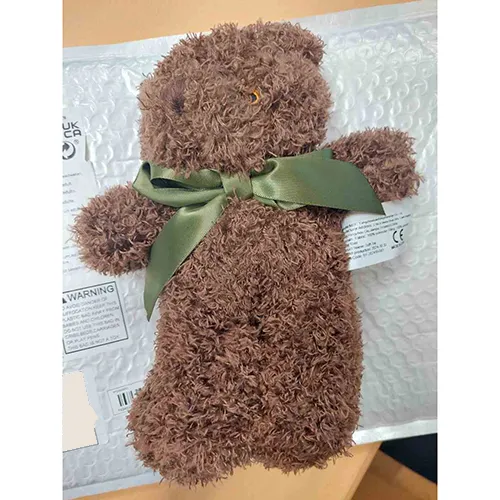 Soft toy representing a bear with a green satin textile ribbon around its neck. All batches are affected. Product sold online, in particular via Temu.