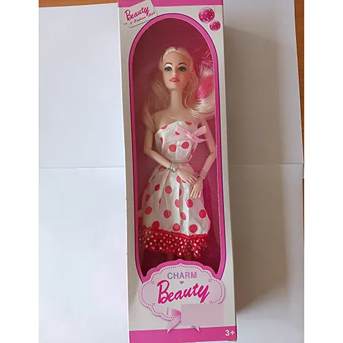 Plastic doll made of soft and hard plastic, with long blonde hair, wearing shoes and a white and red dot dress.