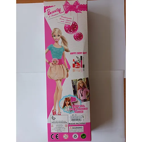 Plastic doll made of soft and hard plastic, with long blonde hair, wearing shoes and a white and red dot dress.