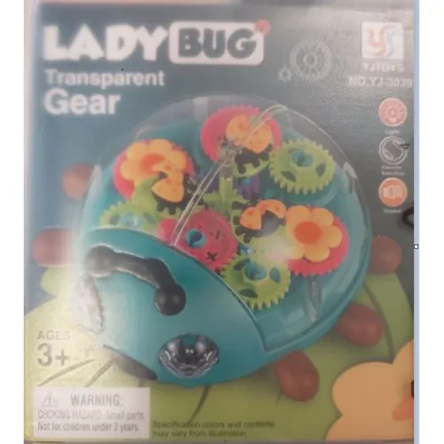 Plastic toy in the shape of a ladybird with colourful cogs, emitting light and noise. Product sold online, in particular via TEMU