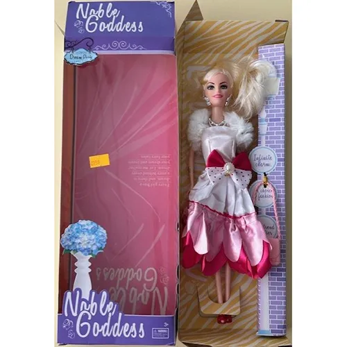Plastic doll, with ponytail-styled hair and clothes in various colours, about 28 cm high.