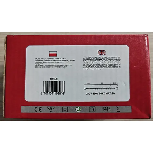 Lighting chain with 100 non-replaceable LED light sources. The lighting chain includes a device for changing lighting modes.