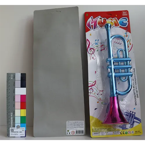 Pink and blue plastic toy trumpet.