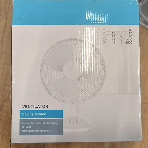 Electric fan with three speed levels, mains powered. Product sold online, in particular via woolworth.pl