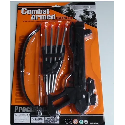 Plastic shooting set consisting of a bow that can be attached to a pistol to become a crossbow. Comes with a quiver and four arrows, each tipped with a suction cup.