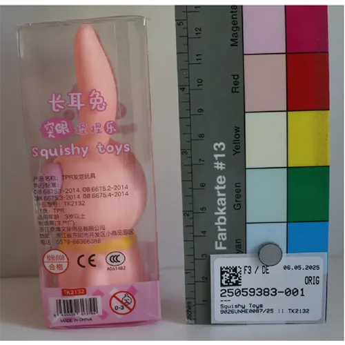 Plastic bunny squeeze toy with eyes appearing when the stomach is pressed.