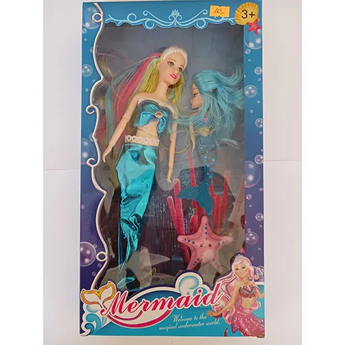Two mermaid dolls in different sizes, with coloured hair, a plastic hairbrush and a plastic starfish.