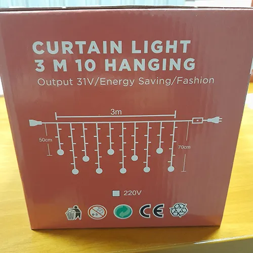 Ornamental light chain with transparent plastic balls containing 150 non-replaceable LED light sources.
