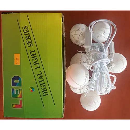 String of LED lights encased in white plastic spheres.