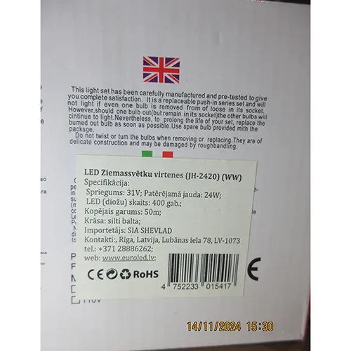 Lighting chain with 400 LED lamps and a length of 50m. Power: 24W. Product sold online, in particular via euroled.lv.