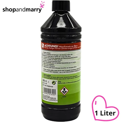 Odourless lamp oil for torches, lamps and indoor use, 1 l. Product sold online, in particular via Amazon (ASIN: B0CB6DC559).