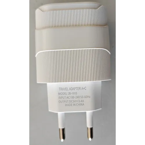White travel adapter with one USB connector and one USB-C output.