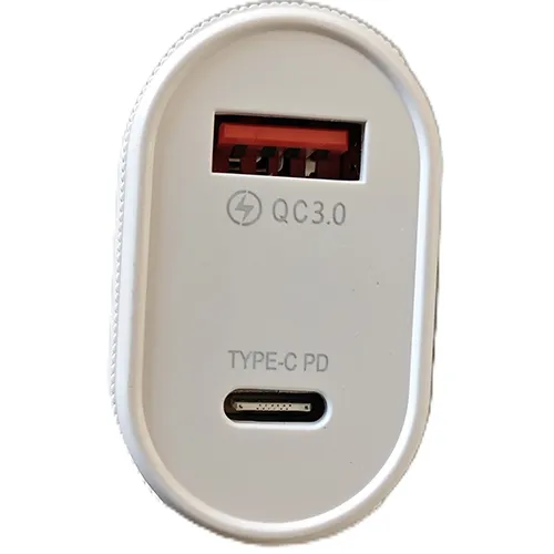White travel adapter with one USB connector and one USB-C output.