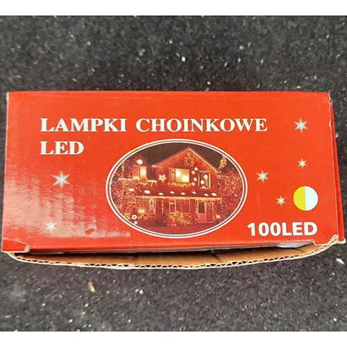 Lighting chain consisting of 100 LEDs, flashing unit, IP44 marking, a flat plug and a flat and stackable socket.