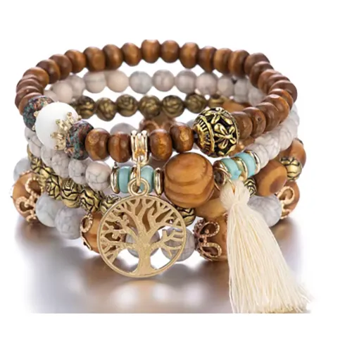 Set of four wooden and plastic beaded bracelets with charms. Product sold online, in particular via AliExpress.