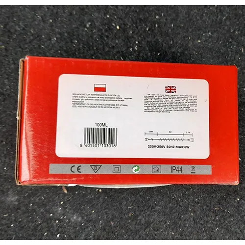 Lighting chain consisting of 100 LEDs, a flashing unit, IP44 marking, a flat plug and a flat,stackable socket.