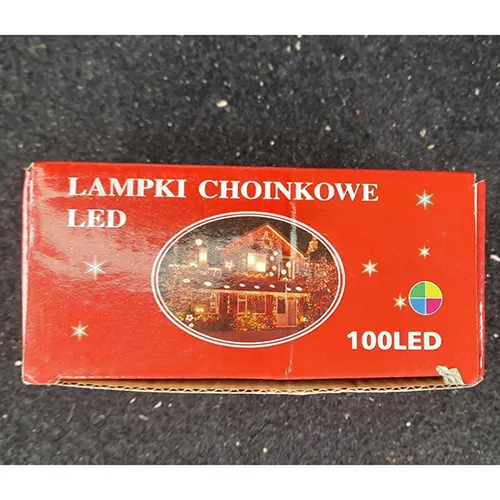 Lighting chain consisting of 100 LEDs, a flashing unit, IP44 marking, a flat plug and a flat,stackable socket.