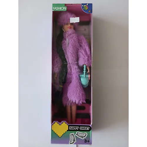 Plastic doll dressed in synthetic fibre fur, wearing a synthetic fibre hat, holding a hard plastic handbag in the hand.