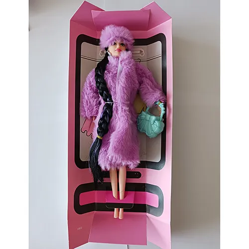 Plastic doll dressed in synthetic fibre fur, wearing a synthetic fibre hat, holding a hard plastic handbag in the hand.