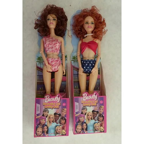 Plastic toy dolls with curly hair wearing a swimsuit.