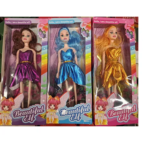 Plastic dolls, approximately. 28 cm tall. Each doll has different coloured hair (blue, yellow, red). Dolls are wearing short shiny sleeveless dresses (blue, yellow, red) with wings on the back.