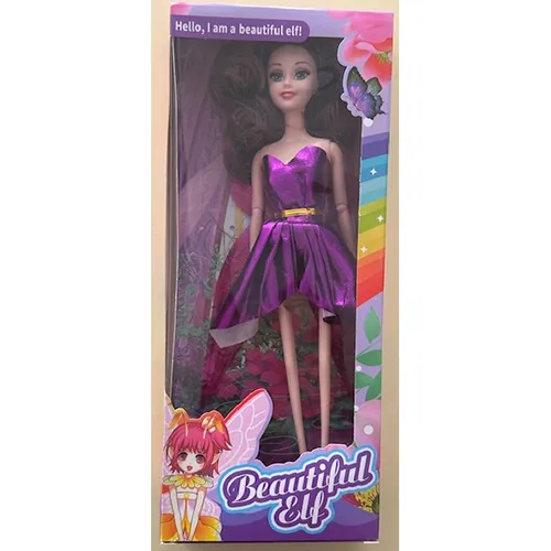Plastic dolls, approximately. 28 cm tall. Each doll has different coloured hair (blue, yellow, red). Dolls are wearing short shiny sleeveless dresses (blue, yellow, red) with wings on the back.