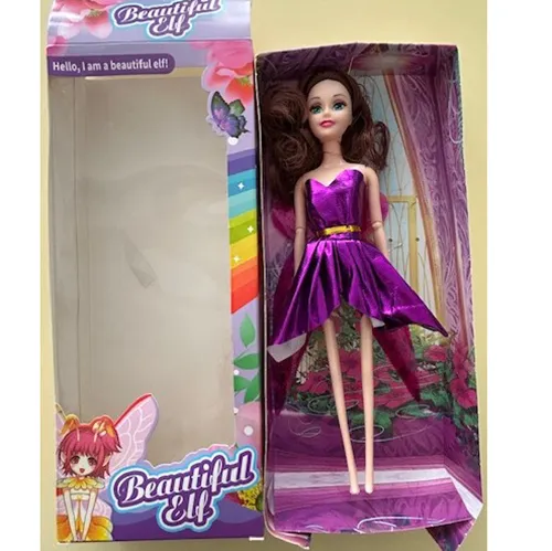 Plastic dolls, approximately. 28 cm tall. Each doll has different coloured hair (blue, yellow, red). Dolls are wearing short shiny sleeveless dresses (blue, yellow, red) with wings on the back.