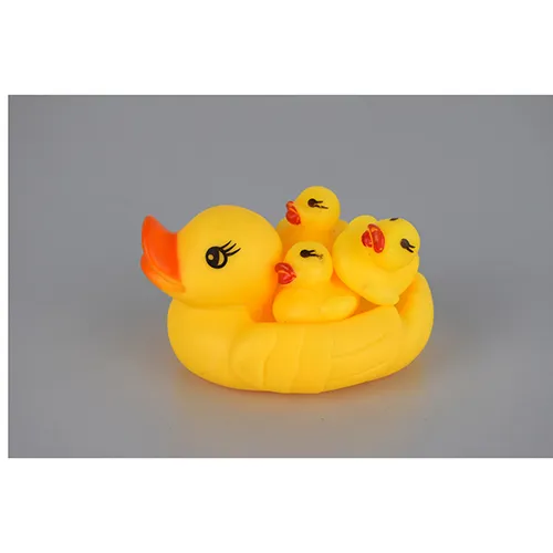 Plastic duck bath toy set, consisting of a larger whistling duck and three smaller ducklings.