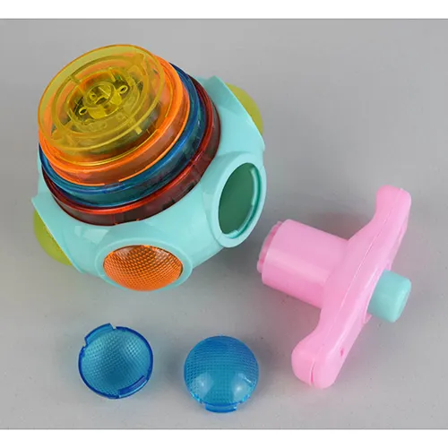 Colourful plastic, battery-operated, rotating toy with sound and light emission.