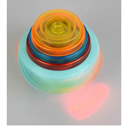 Colourful plastic, battery-operated, rotating toy with sound and light emission.