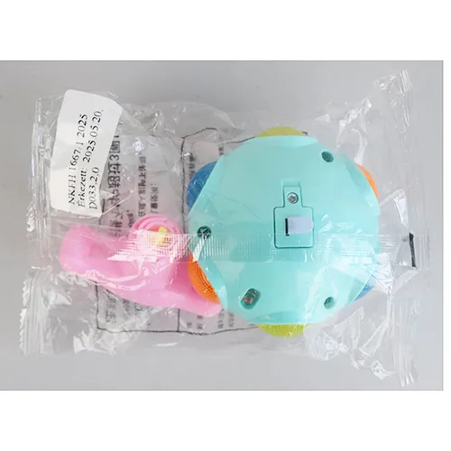 Colourful plastic, battery-operated, rotating toy with sound and light emission.