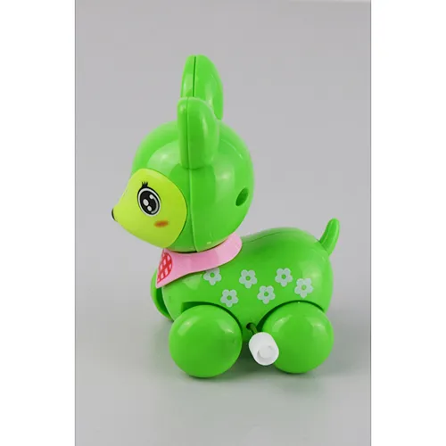 Wind-up plastic toy, in the shape of a green deer and  a yellow mouse.
